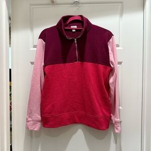 J. Crew Colorblock Half-Zip Sweatshirt in Cloudspun Fleece Burgundy Rose Pink